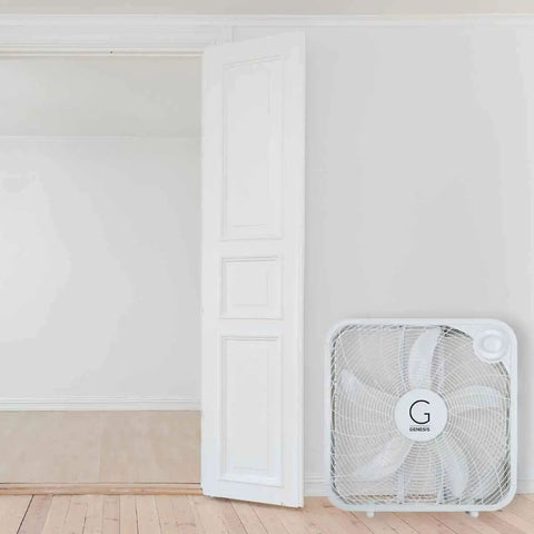Genesis 20 Inch High Velocity Box Fan With Three Speed Settings And Go To Cooling Tech Durable Copper Motor in white room