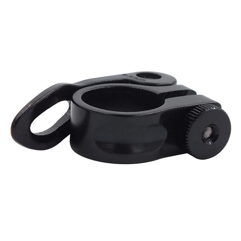 Lightweight Aluminum Quick Release Seat Post Clamp for 22.2mm bike seat posts, black anodized, tool-free lock visible