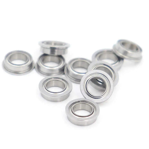 Ten Pack Stainless Steel Flanged Ball Bearings SMF85ZZ Double Shielded Deep Groove Precision Bearings 5x8x2.5mm arranged on a white background.