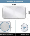 Heavy Duty Foldable Windshield Sun Shade Deflects Blazing Summer Heat And Keeps Your Ride Cool While Blocking Uv Rays So You Stay Comfy On Long Highway Drives Without Breaking A Sweat with storage pouch and measurements.