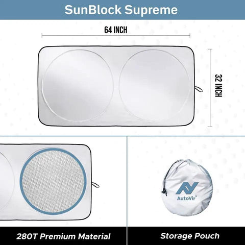 Heavy Duty Foldable Windshield Sun Shade Deflects Blazing Summer Heat And Keeps Your Ride Cool While Blocking Uv Rays So You Stay Comfy On Long Highway Drives Without Breaking A Sweat with storage pouch and measurements.