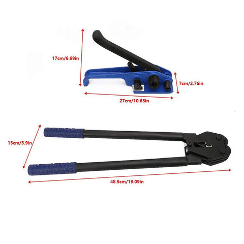 Image of Blue Manual Steel Strap Tensioner Crimper Tool Set For Packing And Shipping with dimensions labeled