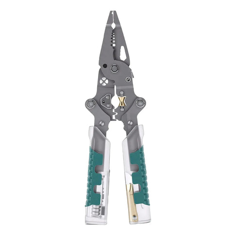 Heavy Duty 12 in 1 Wire Stripping Pliers With Voltage Tester Reminder, 12 functions, ergonomic grip, foldable design.