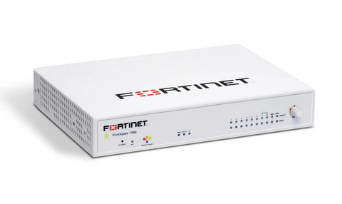 Next Level Small Office Network Firewall Ready To Go With AI Powered Enterprise Security And Five Year FortiGuard Access For Bulletproof Branch Defense Tight Controls And Smooth IPS Throughput Plus Slick SSL Inspection, white rack-mounted unit with 10 ports.