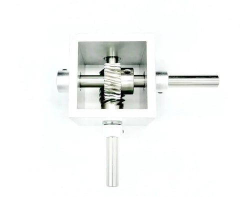 Top view of Heavy Duty 1:5 Turbo Worm Gear Reducer Transmission Box with right angle reversal for RC cars drivetrain.