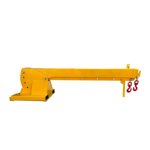 Heavy Hitter Telescoping Forklift Jib Boom Crane Attachment showcasing adjustable arms and hooks for lifting up to 6600 pounds.