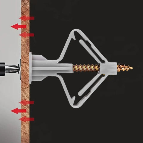 Heavy Duty Gypsum Board Expansion Screws With Nylon Butterfly Anchors Deliver Badass Hold Perfect For Hanging Pictures And Lights On Hollow Walls No Sweat Setup Real Legit Quality Grey close-up showing installation process and grip on drywall.