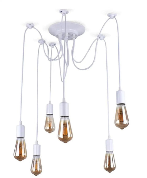 Six Head Spider Pendant Light Fixture With Adjustable Hanging Length, Industrial White E27 Ceiling Light with bulbs