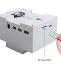 Raspberry Pi 4 DIN Rail Case With Built In Fan Modular Box showing TF card slot for Pi 4 Model B, durable enclosure in white.