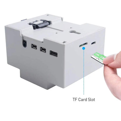 Raspberry Pi 4 DIN Rail Case With Built In Fan Modular Box showing TF card slot for Pi 4 Model B, durable enclosure in white.