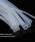 Close-up of clear silicone tubing in multiple diameters; flexible translucent tubing