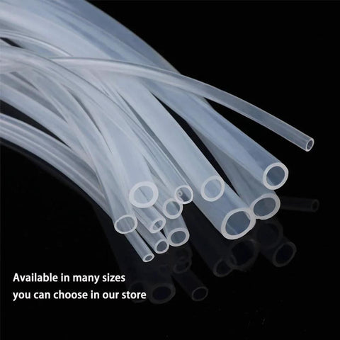 Close-up of clear silicone tubing in multiple diameters; flexible translucent tubing