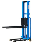 Heavy Duty Electric Pallet Stacker with blue frame and black forks, lifting 1543 lbs for tight spots in warehouses or docks.