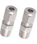 Two stainless steel 1/4 inch compression fittings with male NPT threads