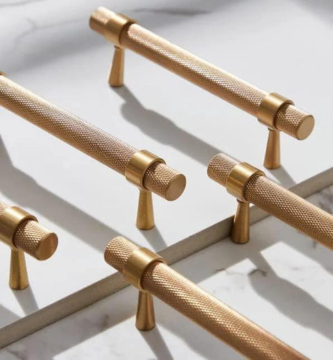 2 Pack Solid Brass Cabinet Pulls 5 Inch Hole Centers Gold Knurled Textured Bar Handles for Drawer Kitchen and Bathroom Cabinets