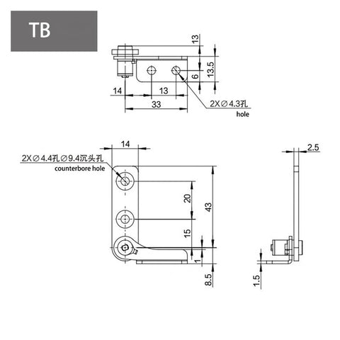 Flozari 304 stainless steel rotary torque hinge side view with mounting holes and dimensions