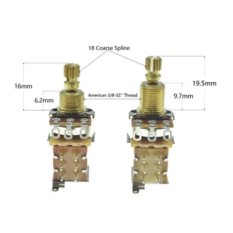 Full Brass Shaft Push Push Pot For Guitar And Bass With Audio Taper Potentiometer A250K 16mm Shaft And USA Thread shown with dimensions