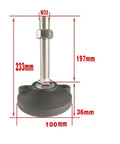 Heavy Duty Adjustable Leveling Feet Six Pack M16 M20 M24 Thick Carbon Steel Machine Pucks with dimensions 233mm height.