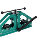 Lmaoss Heavy Duty Tube Roller Bender With 3 Dies For Up To 1-5 Inch Round Steel Copper Aluminum Pipe Flexing Tool on workbench.