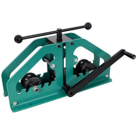 Lmaoss Heavy Duty Tube Roller Bender With 3 Dies For Up To 1-5 Inch Round Steel Copper Aluminum Pipe Flexing Tool on workbench.