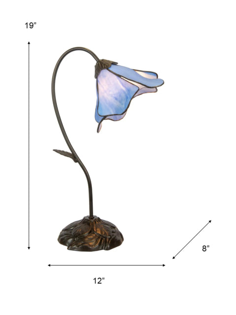 One Light Blue Lily Table Lamp With Dark Antique Bronze Finish, five-panel art glass on a 12x12 inch base, 19 inches tall
