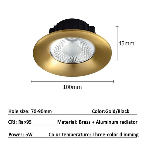 12 Pack Round LED Recessed Downlights Featuring Smooth Brushed Brass Trim Killer Brightness 7 Watt Spotlight Fixtures For Sleek Hallways And Chill Lounging Areas Top Notch Ra95 Copper Construction Sweet Daily Glow Upgrade angled view showing brass trim and glass lens.