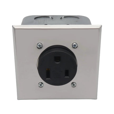 Heavy Duty Nema 6 50r Power Outlet Receptacle Flush Mount Galvanized Steel 50 Amp Industrial Grade front view with screws.