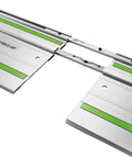 Guide Rail Connector Set FSV2 For Long Workpieces With Auto Alignment Two Piece Joint And Laser Engraved Markings For A Straight Rock Solid Rails Connection, showing metal pieces aligning.