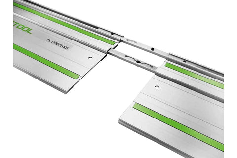 Guide Rail Connector Set FSV2 For Long Workpieces With Auto Alignment Two Piece Joint And Laser Engraved Markings For A Straight Rock Solid Rails Connection, showing metal pieces aligning.