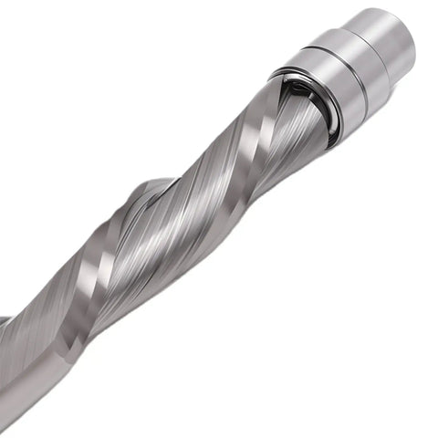 Top Gritty Up Down Spiral Flush Trim Router Bit With 1/4 Inch Shank Made From Hard Tungsten Steel For Clean Cuts And Less Heat On CNC Milling Projects Perfect For Pros close-up view of double ball bearing and cutting edges.
