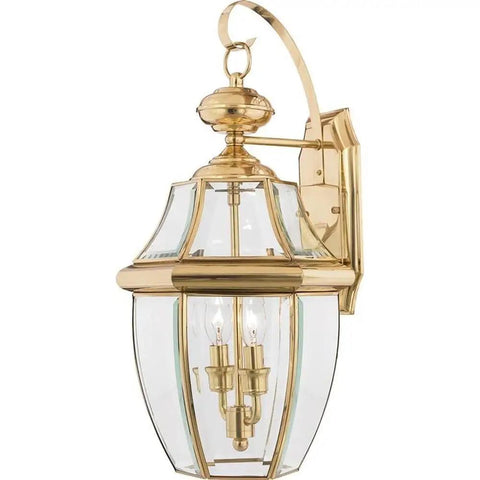 Two Light Outdoor Wall Lantern In Antique Brass Finish For Patio And Entry, Classic Newbury Style Mount Light, side view