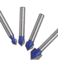 V-groove router bit set with four 1/4 in shanks; diameters 1/4, 5/16, 3/8, 1/2 in for woodworking.