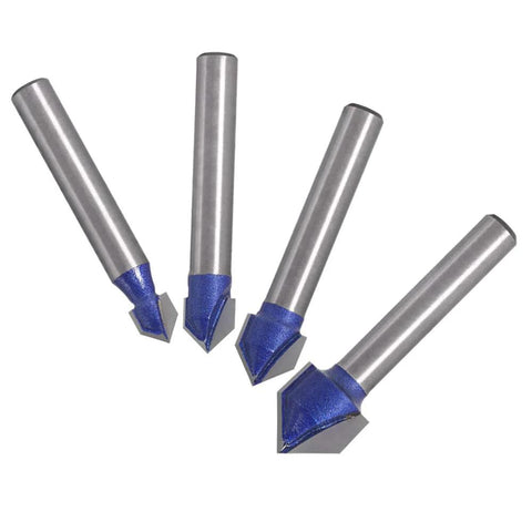 V-groove router bit set with four 1/4 in shanks; diameters 1/4, 5/16, 3/8, 1/2 in for woodworking.