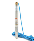 3 Inch Bore Deep Well Submersible Pump 110V 0.33HP with External Control Box, stainless steel body, blue cord, for irrigation use.