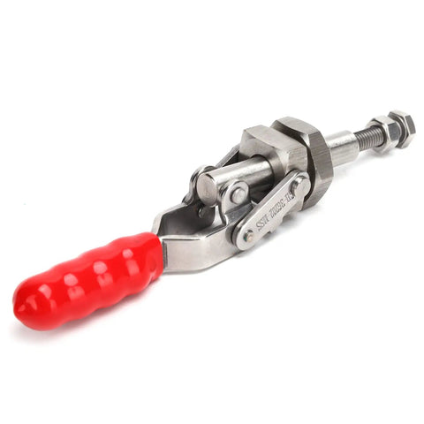 Stainless Steel Toggle Clamp With 220.5Lb Holding Power, Push Pull Clamp For Woodworking, Fixture Setup, Home Decor Projects, And Equipment Installations, Heavy Duty Grip, Arrow Storage Case Included. Stainless steel toggle clamp with red handle