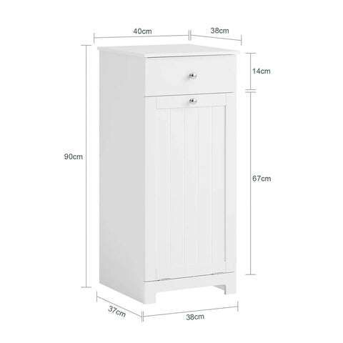 Slim Tilt-Out Laundry Hamper Cabinet For Tight Spaces with dimensions shown, white finish, drawer and tilt-out basket visible.