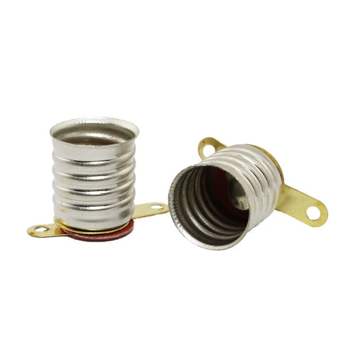 Straight Up E10 Mini Light Bulbs And Socket Holders Kit Featuring Ten Pieces Of Low Voltage Tungsten Filament Lamps Ideal For Science Fair Projects And Home Electronics Testing. Silver E10 sockets with copper bases for lamps.