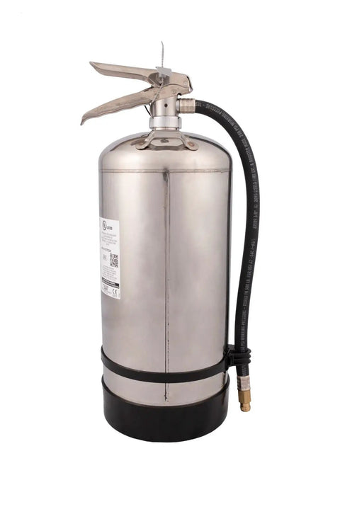 Class K Fire Extinguisher Solid As A Rock For Commercial Kitchen And Restaurant Safety UL Approved For Grease And Oil Fires, polished stainless steel body.