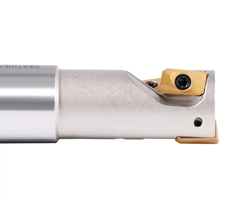 Three Quarter Inch One Flute Weldon Shank Helical Indexable End Mill APKT11T3 Inserts For Slotting And Finishing, Overall Length Three Point Five Inches, Flute Length One And Three Thirty Seconds Inches, Four Inserts, Heavy Duty Ninety Degree Cutter