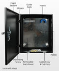 Heavy Duty Ev Station Enclosure With Tempered Glass Front Panel Solid Steel Wall Mount Weatherproof Case Kickass Outside Shield For Electric Vehicle Charging Setup White interior showing hooks, grounding screw, and removable back panel.