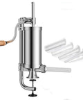 Stainless Steel Vertical Sausage Maker Filler With Suction Base And Manual Crank For Home Use Or Small Businesses No Batteries Needed Make Fresh Sausages And Hot Dogs At Home 2.5 Lbs Capacity, shown with 4 different nozzle sizes.