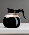 Commercial Coffee Decanter, 64 Ounce Capacity, Impact-Resistant Glass With Black Handle And White Imprint Logo