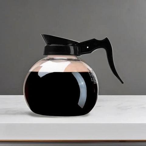 Commercial Coffee Decanter, 64 Ounce Capacity, Impact-Resistant Glass With Black Handle And White Imprint Logo