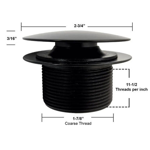 Coarse Thread One And A Half Inch NPSM Mushroom Tip Toe Bathtub Drain Stopper Matte Black With Full Coverage Cap Side View