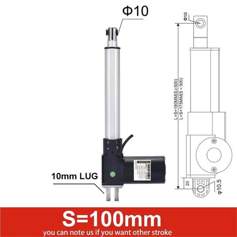 Diagram of Beefy 100Mm Stroke Electric Linear Actuator with Position Feedback, showing dimensions and end mount design.