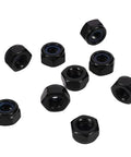 Nylon Insert Hex Lock Nuts 8-32, 304 Stainless Steel 18-8, Black Oxide Finish, displayed in a scattered arrangement.