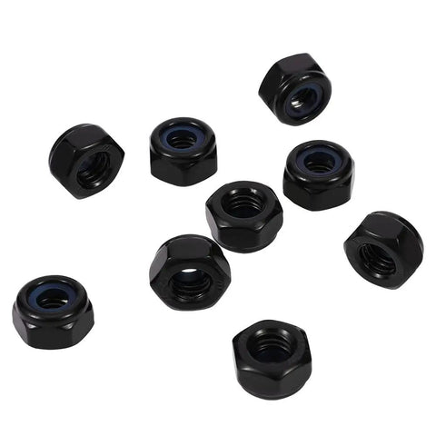 Nylon Insert Hex Lock Nuts 8-32, 304 Stainless Steel 18-8, Black Oxide Finish, displayed in a scattered arrangement.