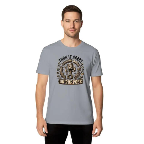 Cool Mechanical Engineer Tee With Exploded Gear Graphic Design worn by a man, light gray cotton t-shirt with vintage style.