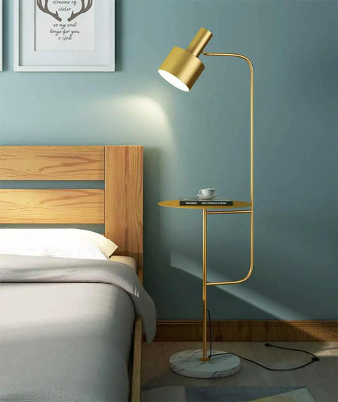 Contemporary Floor Lamp With Table, Adjustable Arm, And Cozy Glow, Ideal For Living Room Den Office Or Bedroom, E26 Base, Brushed Brass Finish