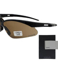 Heavy Duty Anti Fog Safety Glasses Rated ANSI Z87 Plus With Tactician Style Wraparound Design, brown tinted lenses with cleaning cloth.